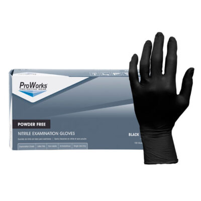 box of ProWorks nitrile gloves with gloved hand on the side