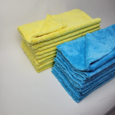 Microfiber Edgeless Cloth Plush Blue and Yellow folded in pile of 10 side by side
